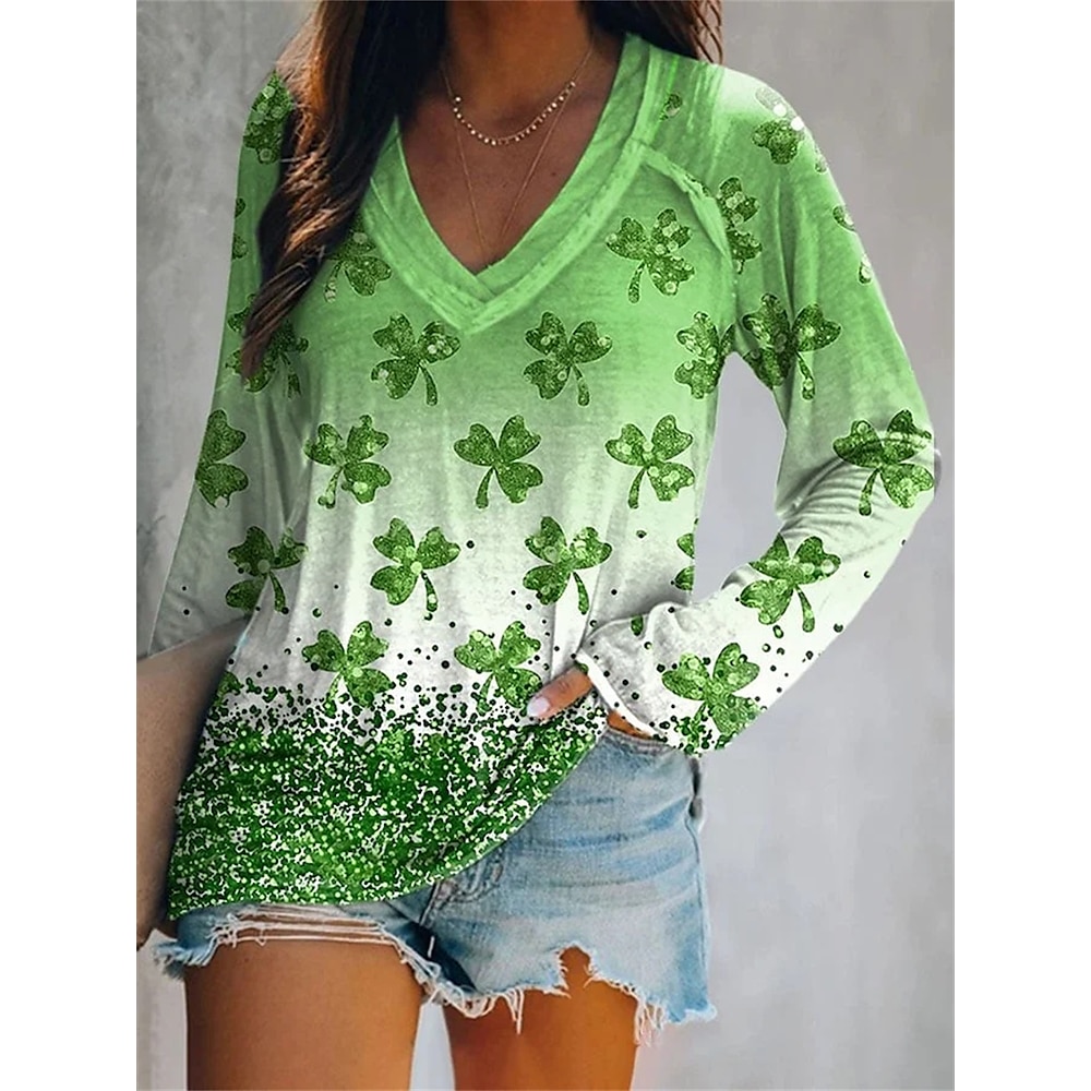 St. Patrick Damen T Shirt Kleeblatt Brautkleider schlicht Langarm V Ausschnitt Normale Oberteile Täglich Bedruckt Grün Sommer Frühling Lightinthebox