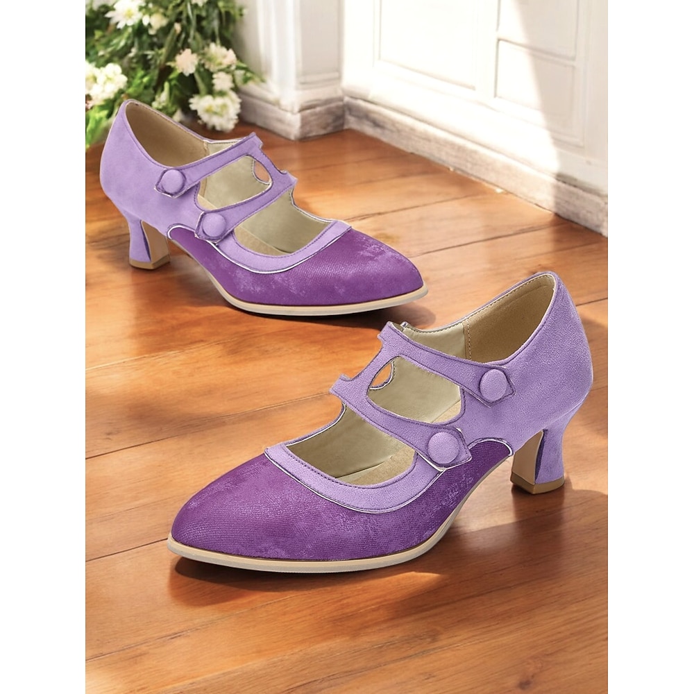 Damen Absätze Retro Mary Jane Party Arbeit Täglich Knopf Stöckelabsatz Runde Zehe Elegant Vintage Kunst-Veloursleder PU Halbschuhe Schwarz Blau Purpur Lightinthebox