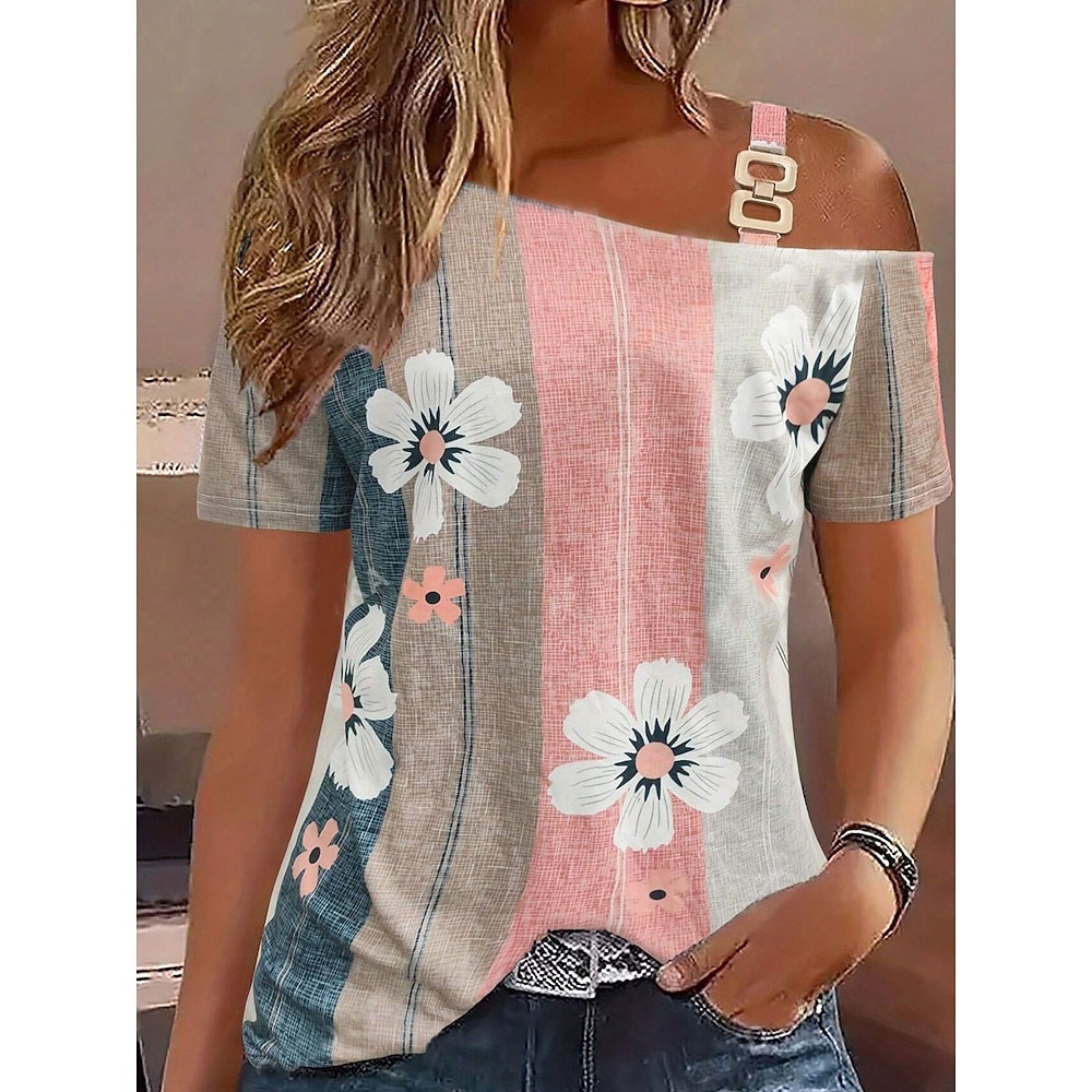 Damen T Shirt Blumen Brautkleider schlicht Kurzarm Schulterfrei Normale Oberteile Täglich Bedruckt Rosa Sommer Lightinthebox