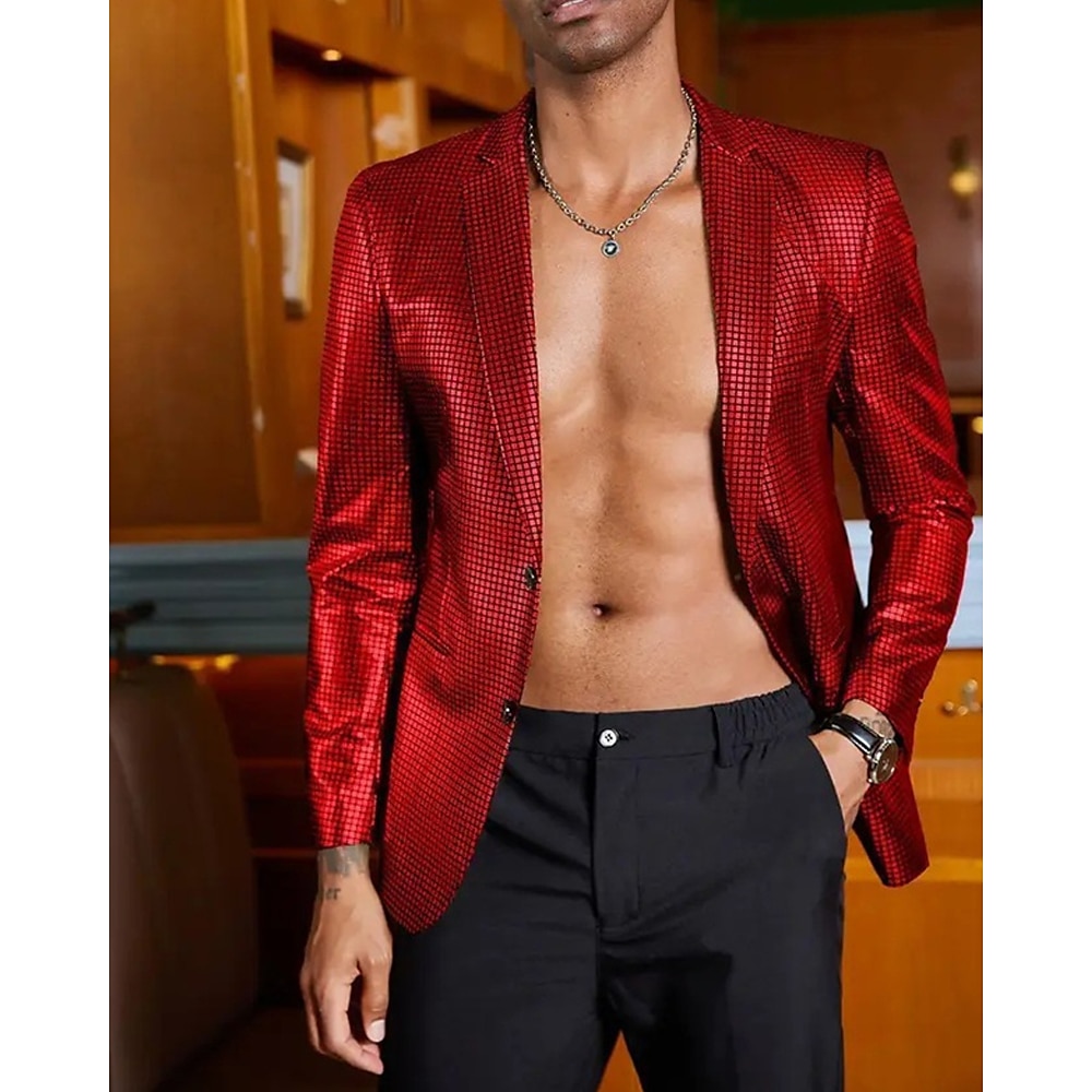 Herren Blazer Sakko Leistung Bühne Hochzeitsfeier Vintage Modisch Frühling Herbst Polyester Feste Farbe Knopf Tasche Komfortabel Einreihiger Verschluss Blazer Silber Schwarz Rote Blau Lightinthebox