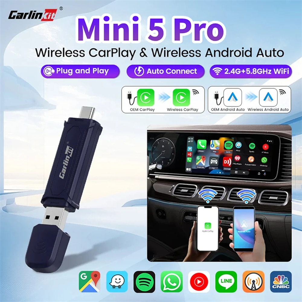 Carlinkit Mini 5 Pro Carplay-WLAN-Adapter Smart Wireless Carplay Android Auto USB-Dongle WLAN Bluetooth Auto-Verbindung OTA-Upgrade Lightinthebox