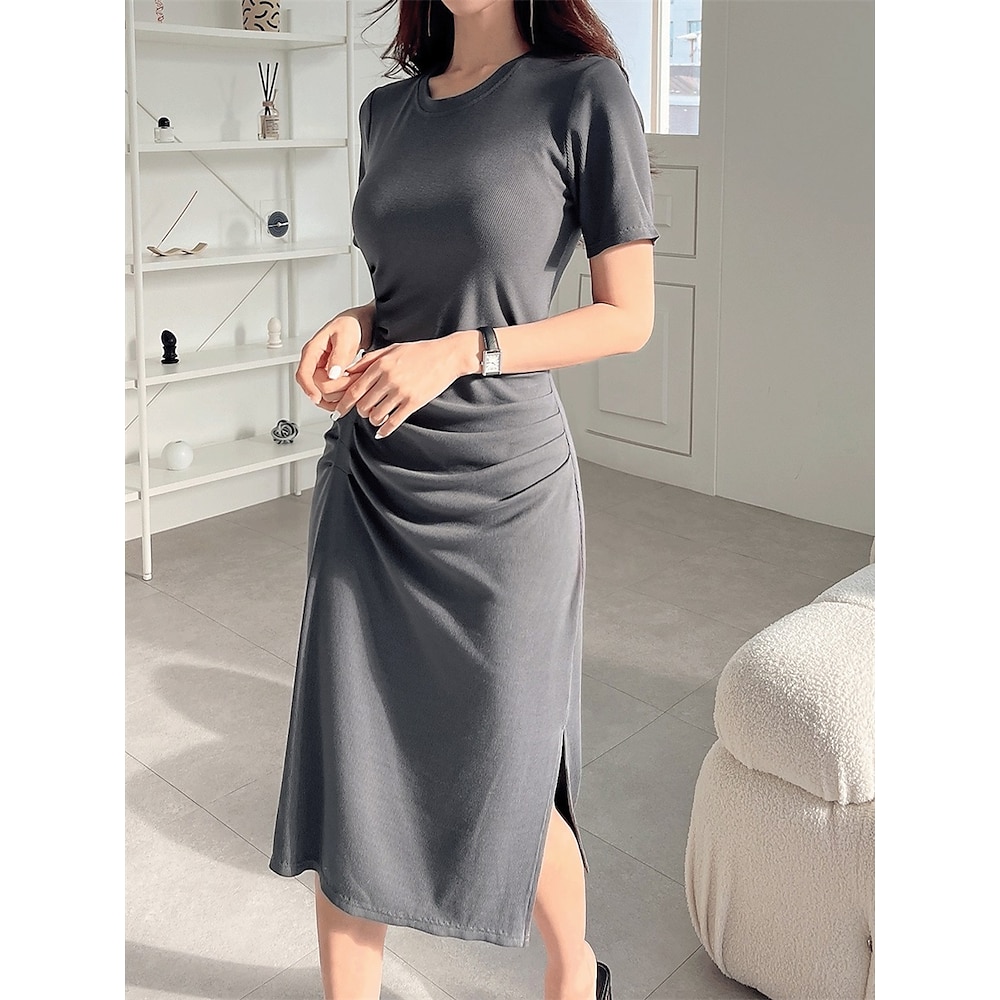 Damen Midikleid Wickelkleid Sweatkleid Brautkleider schlicht Urlaub Strasse Casual Regular Fit Graphic Kurzarm Rundhalsausschnitt Grau Sommer Lightinthebox