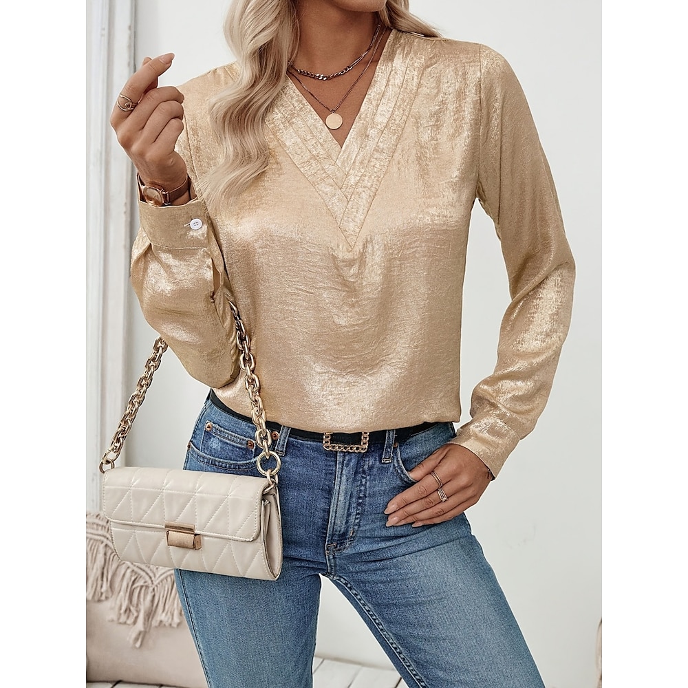 Damen Hemd Bluse Feste Farbe Stilvoll Brautkleider schlicht Langarm V Ausschnitt Normale Oberteile Täglich Gold Sommer Frühling Lightinthebox