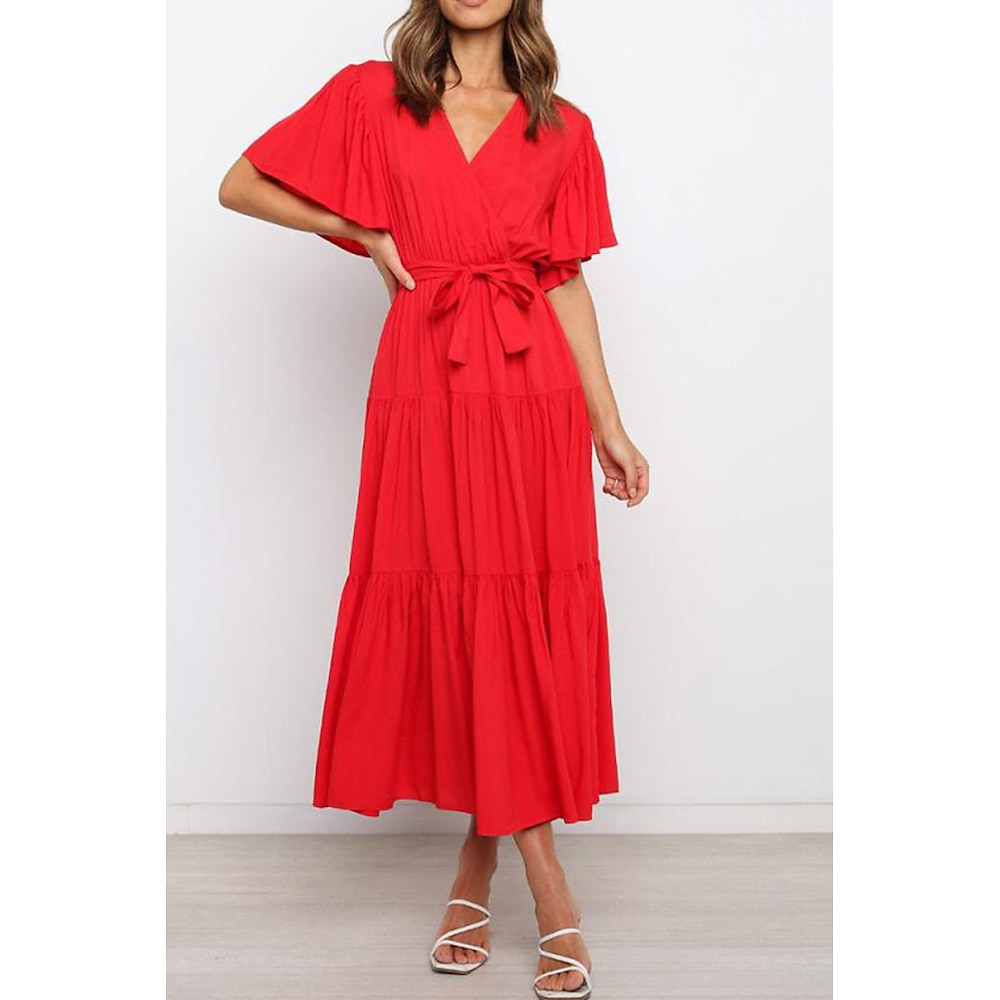 Damen Midikleid Casual kleid Modisch Klassisch Festtage Ausgehen Wochenende Regular Fit Glatt Kurzarm V Ausschnitt Schwarz Rosa Rote Sommer Lightinthebox