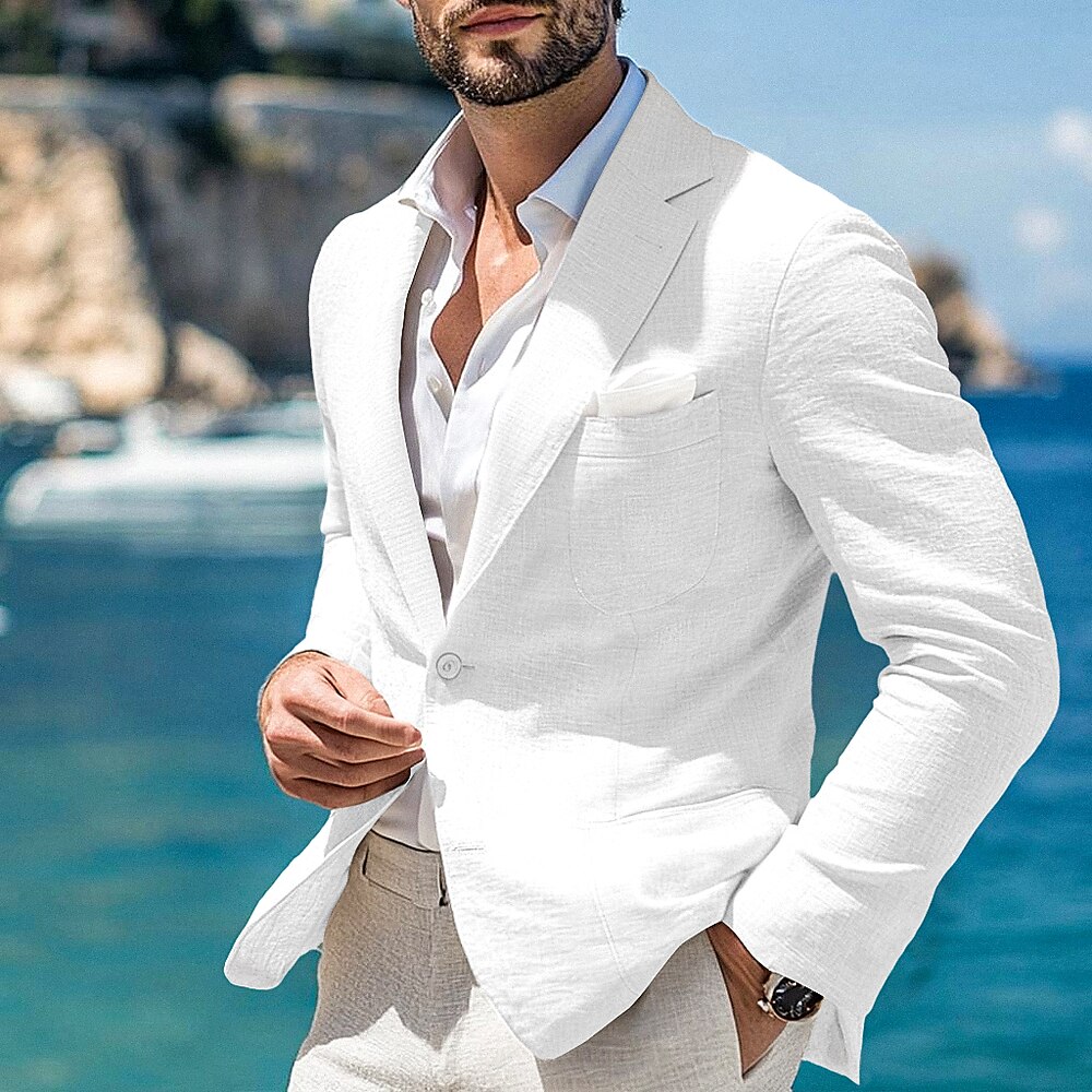 Herren Sport Jacke Leinen-Blazer Hochzeit Casual Modisch Brautkleider schlicht Ganzjährig Bettwäsche aus Baumwolle Einfarbig Grundlegend Einreiher - 2 Knöpfe Blazer Schwarz Weiß Blau Beige Lightinthebox