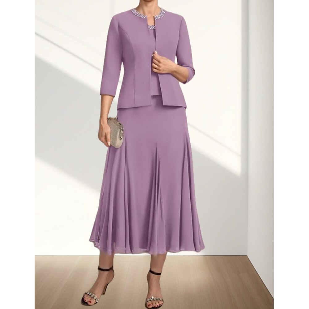 Zweiteilig A-Linie Brautmutterkleid Hochzeitsgast Elegant Juwelenhals Tee-Länge Chiffon Dreiviertelarm mit Perlenstickerei 2025 Lightinthebox