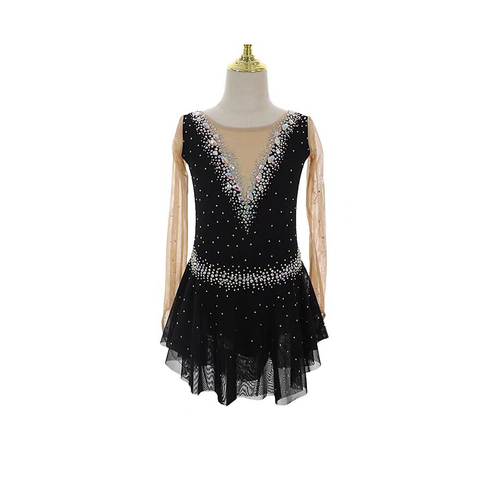 Eiskunstlaufkleid Damen Mädchen Eislaufen Kleid Schwarz Patchwork Daumenloch Netzstoff Spandex Dehnbar Training Übung Professionell Eiskunstlaufkleidung Thermowarm Kristall / Strass Langarm Eislaufen Lightinthebox