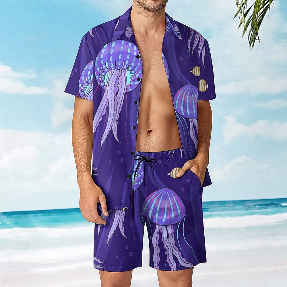 Herren Quallen 2St Hemden-Sets Sommer Hawaiihemd Kurzarm Kurze Hosen Umlegekragen Hawaiianisch Lässig Lässig Strandurlaub 3D-Druck Violett Lightinthebox