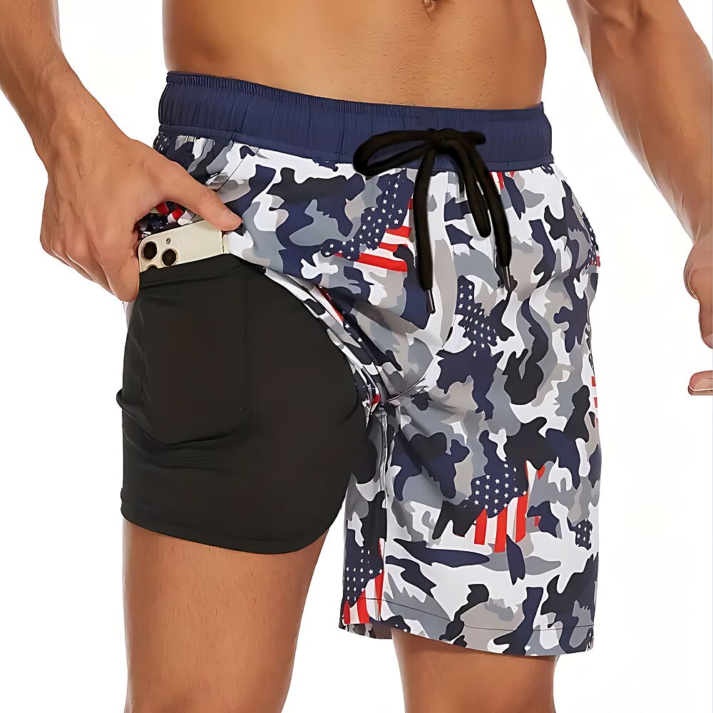 Herren Tarnung Amerikanische US-Flagge Gefütterte Shorts 2 in 1 Badeshorts Badeshorts Mittlere Taille Hawaiianisch Urlaub Ferien Strandbekleidung Seitentaschen Mit Kompressionsfutter Elastischer Lightinthebox