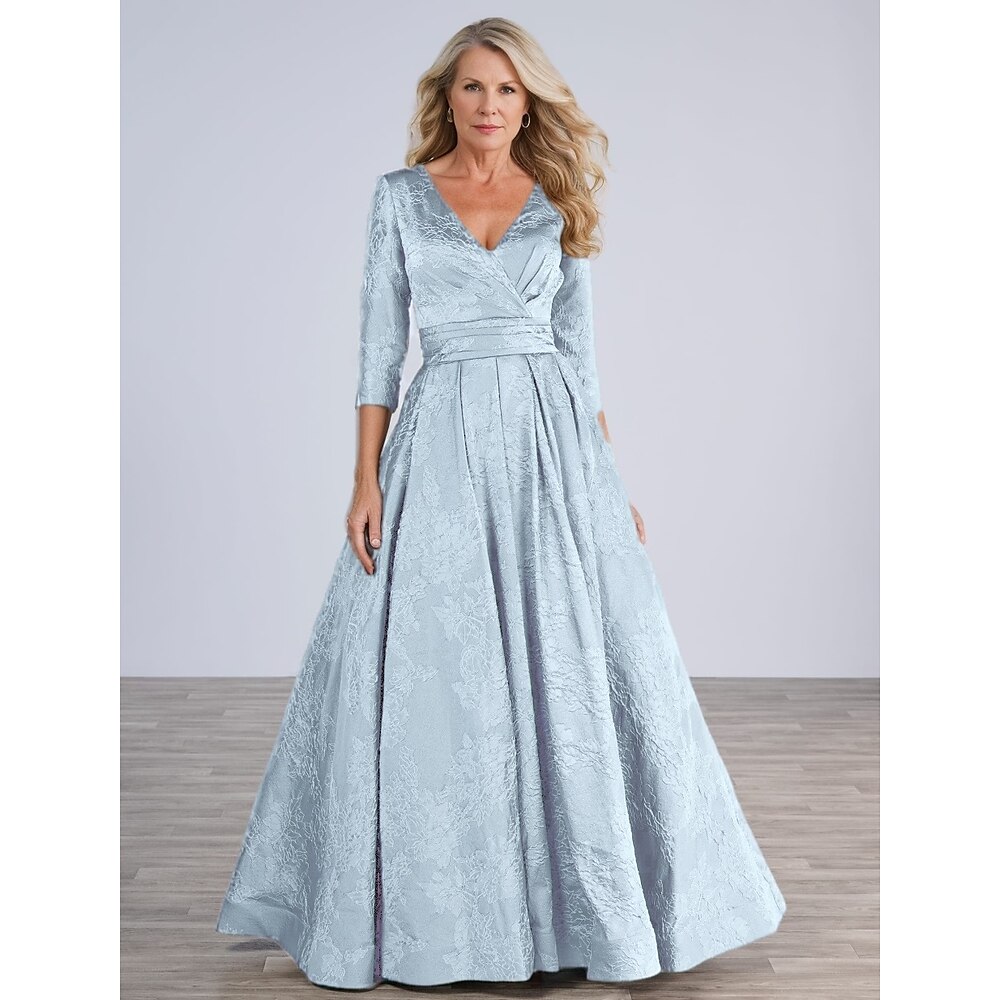 blau-rosa Jacquard-A-Linien-Kleid für die Brautmutter, elegantes Vintage-Kleid mit bodenlanger Polyesterspitze und halben Ärmeln und Blumenmuster, 2025 Lightinthebox