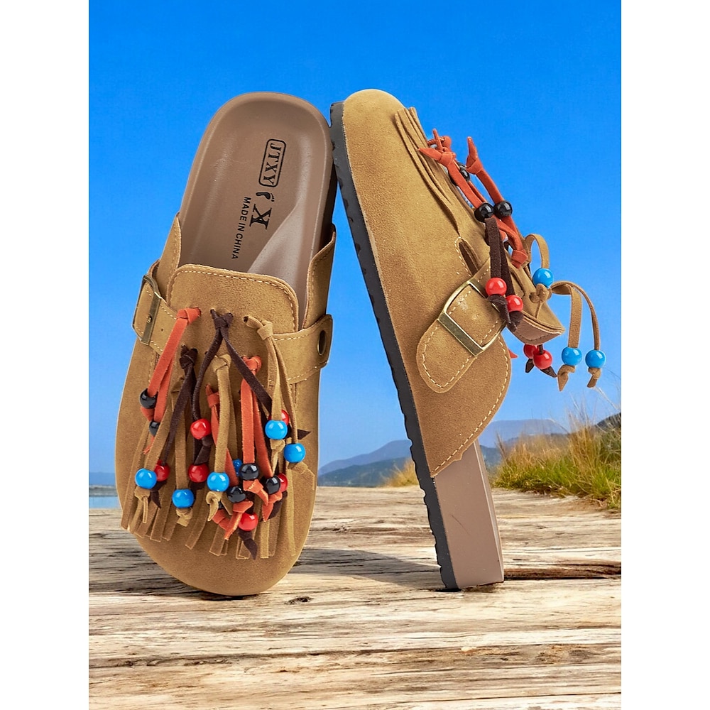 Damen-Pantoletten mit Perlenfransen - Slipper aus hellbraunem Wildleder mit bunten Quasten und Schnallenriemen für den Boho-Stil, Freizeitausflüge und Sommerfestivals Lightinthebox