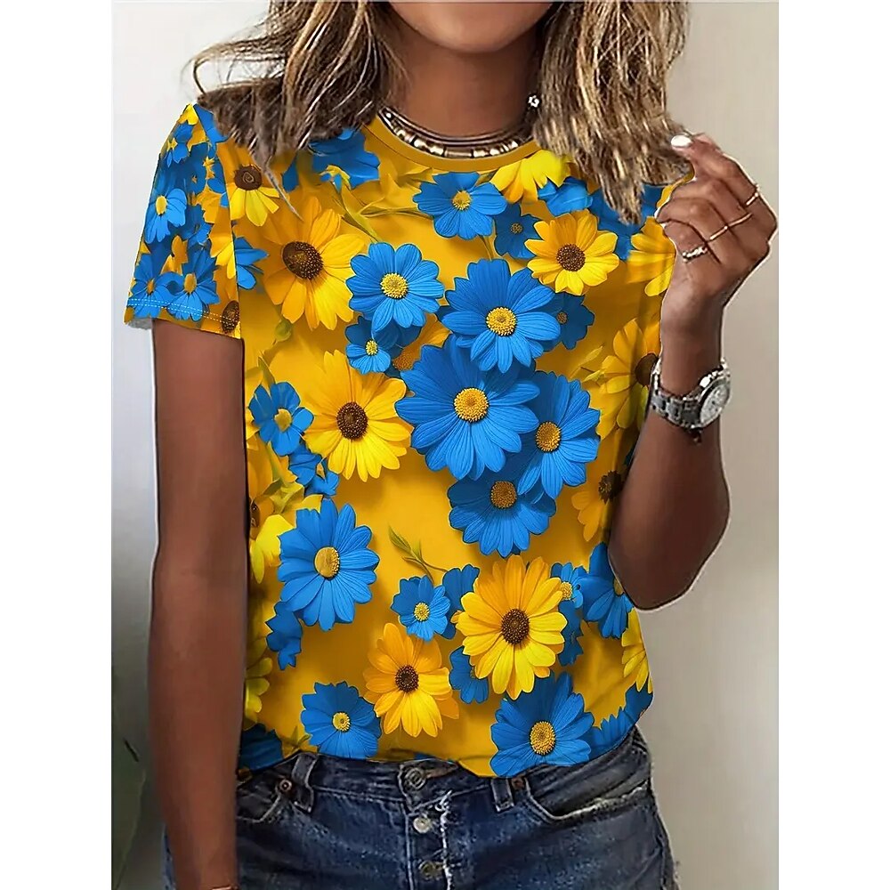 Damen T Shirt Sommeroberteile Grafik Blumen Klassisch Lässig Kurzarm Rundhalsausschnitt Crop Tops Täglich Wochenende Druck Regenbogen Sommer Frühling Herbst Lightinthebox