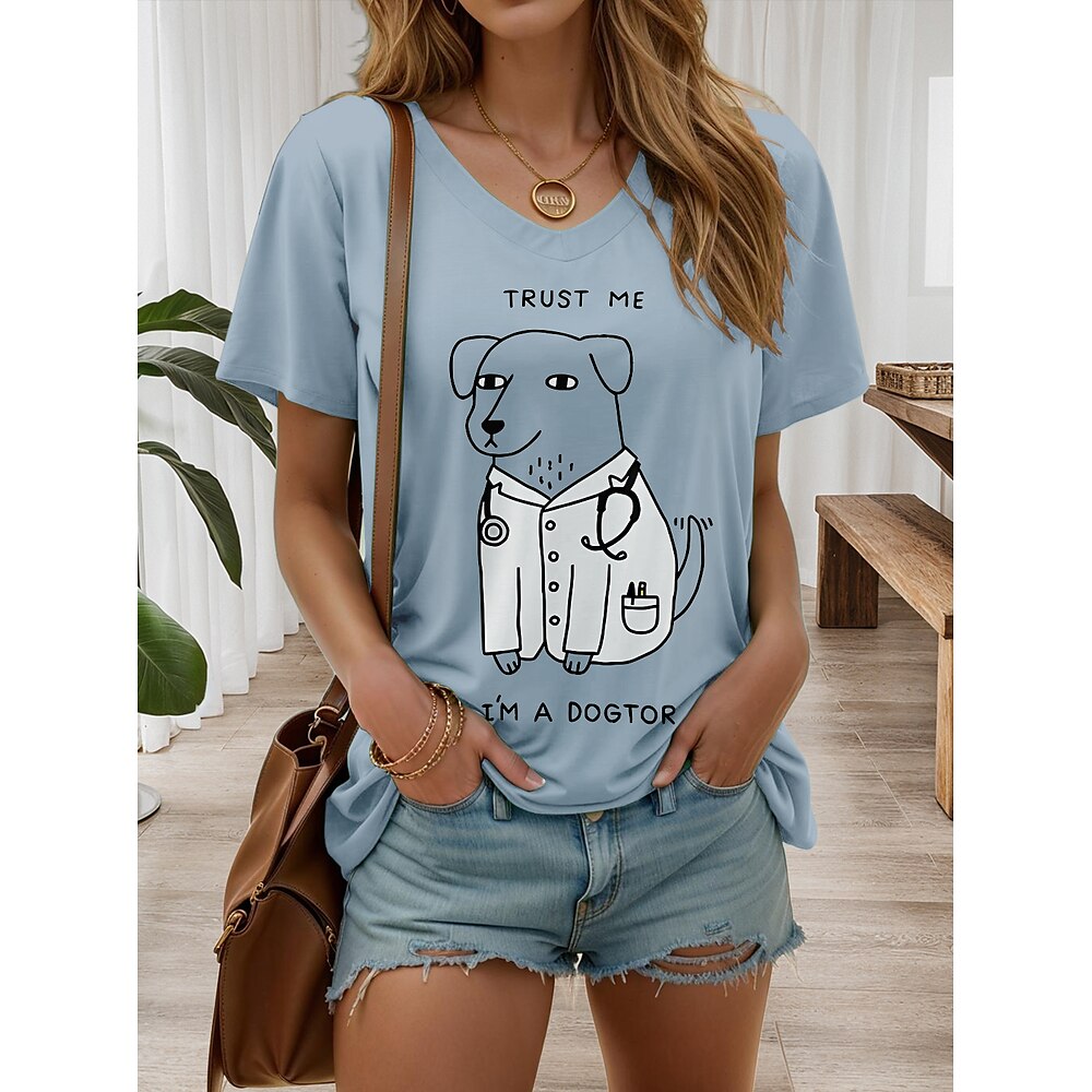 Damen T Shirt Grafik Tiermotiv Hund Stilvoll Lässig Kurzarm V Ausschnitt Normale Oberteile Täglich Wochenende Druck Salbeigrün Wein Königsblau Staubiges Blau Sommer Frühling Lightinthebox