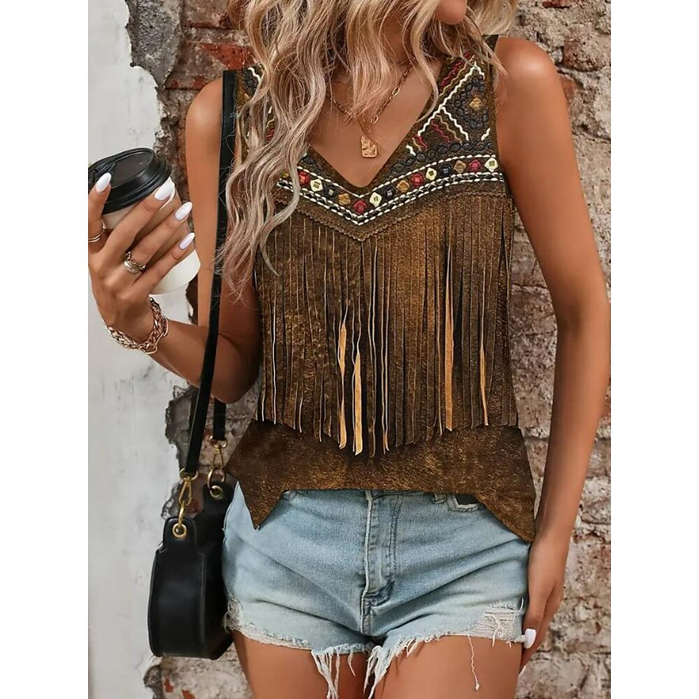 Damen Camisole Tank Top Grafik Böhmen Vintage Ethno Ärmellos V-Ausschnitt Normal Oberteile Alltag Urlaub Print Khaki Sommer Lightinthebox