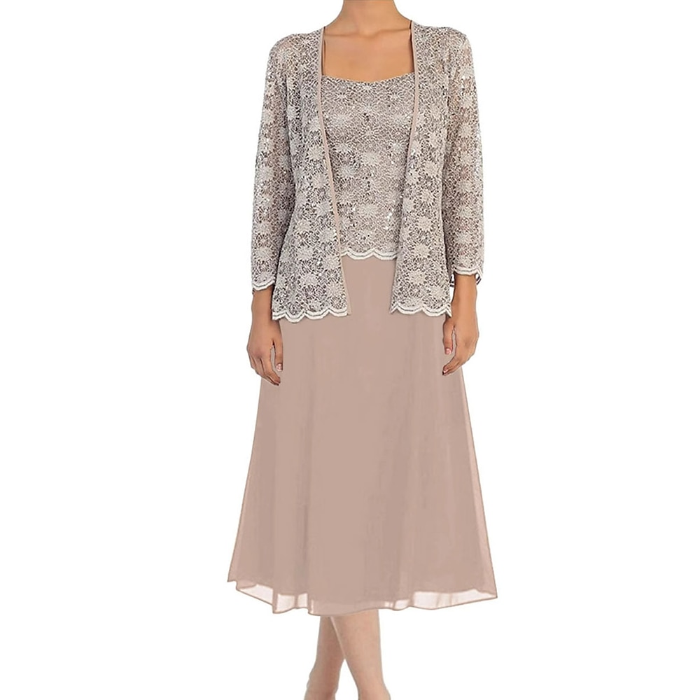 Kleid-Sets Brautmutterkleid Elegant Einfach Ein-Schulter Tee-Länge Polyester Langarm mit Spitze Einfarbig 2025 Lightinthebox