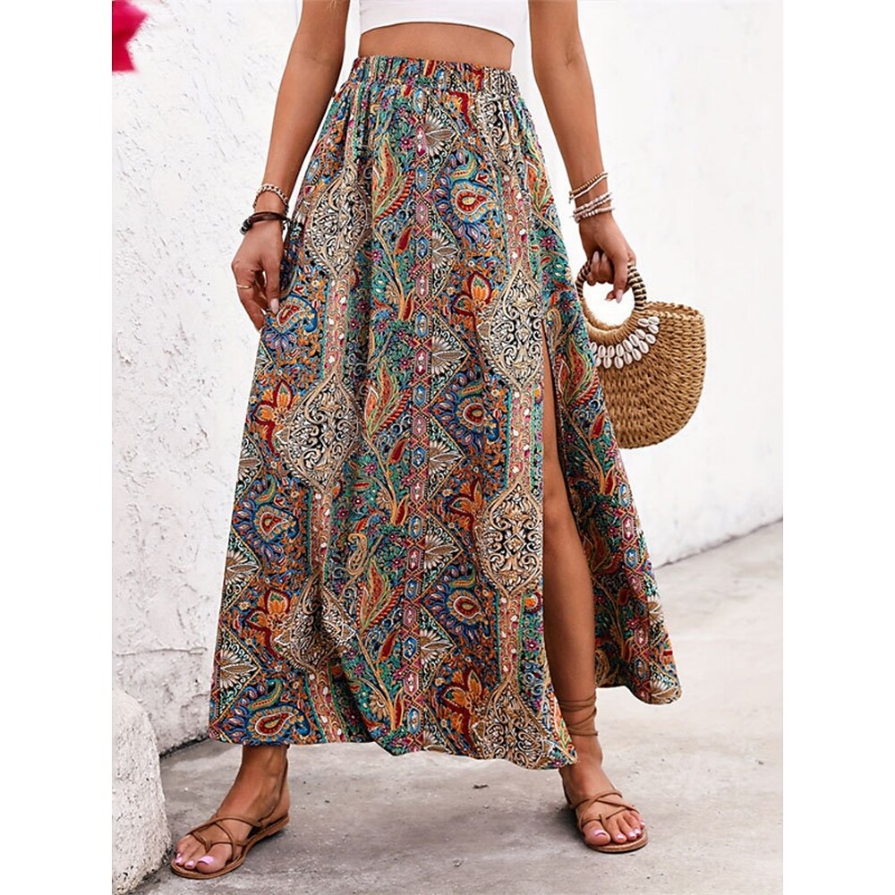 Damen Rock A-Linie Schwingend Lässig Boho Maxi Hohe Taille Röcke Grafik Paisley-Muster Druck Gespleißte Enden Urlaub Ferien Blau Purpur Sommer Polyester Lightinthebox