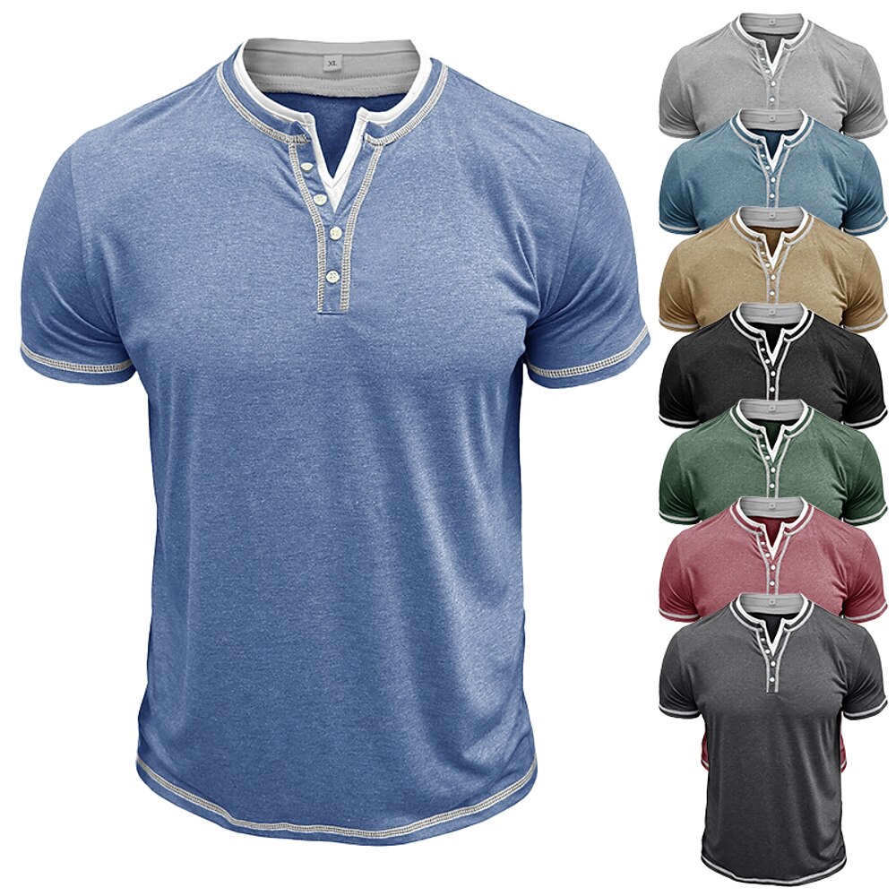 Herren Henley Hemd T-Shirt Kurzarm Einfach Vintage Knöpfe Falscher Zweiteiler Henley Outdoor Lässig Täglich Sommer Frühling Herbst Dunkelgrau Schwarz Hellblau Henley T-Shirt Lightinthebox