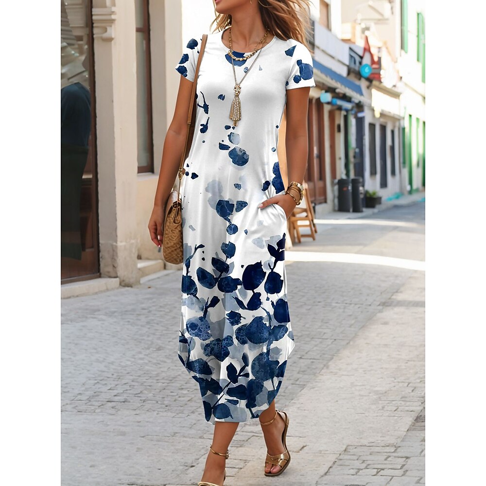 Damen Maxikleid T-Shirt-Kleid Sommerkleid Lässig Täglich Lässiger Schnitt Blumen Grafik Kurzarm Rundhalsausschnitt Blau Purpur Grün Sommer Lightinthebox