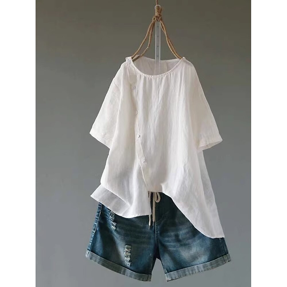 Damen T Shirt Sommeroberteile Einfarbig Einfach Lässig Kurzarm Rundhalsausschnitt Normale Oberteile Täglich Knöpfe Schwarz Weiß Khaki Sommer Frühling Herbst Lightinthebox