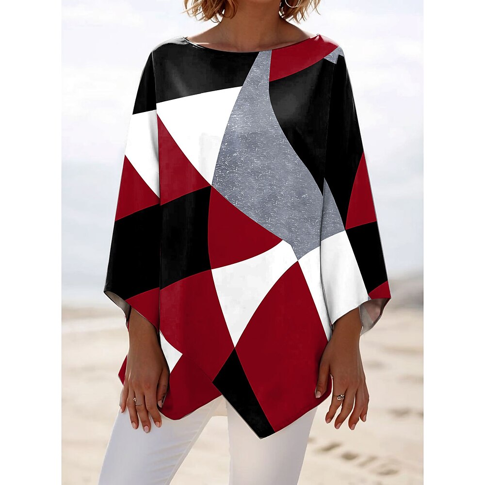 Damen Bluse Grafik Geometrisch Stilvoll Strand Dreiviertelarm Rundhalsausschnitt Normale Oberteile Täglich Druck Rote Frühling Herbst Lightinthebox