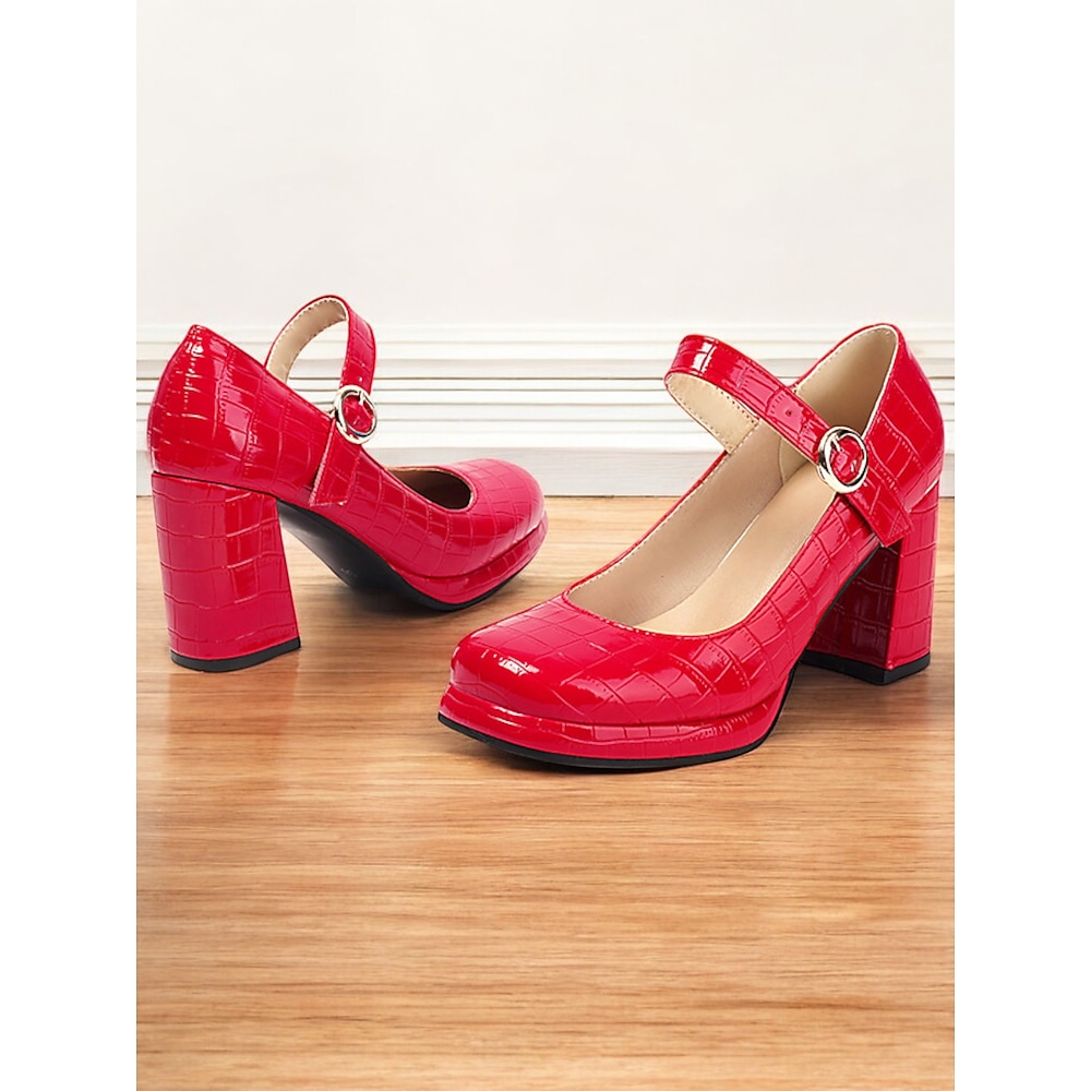 Rote Mary-Jane-Pumps aus Lackleder im 80er-Jahre-Stil für Damen - Retro-Schuhe mit klobigem Blockabsatz und Krokodilprägung für Vintage-inspirierte Mode und Partys Lightinthebox