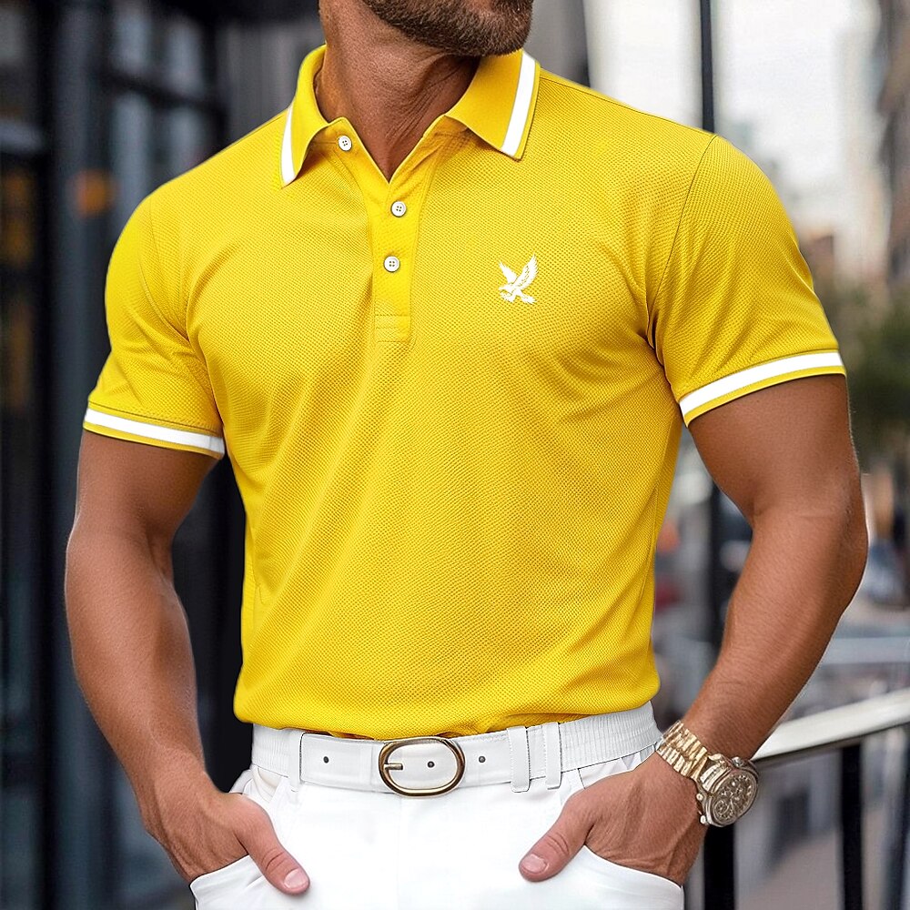 Herren Golfshirt Piqué-Poloshirt Arbeit Lässig Revers Gerippter Polokragen Kurzarm Basic Modern Farbblock Adler Patchwork Knöpfe Frühling Sommer Normale Passform Gelb Burgunderrot Marineblau Grau Lightinthebox