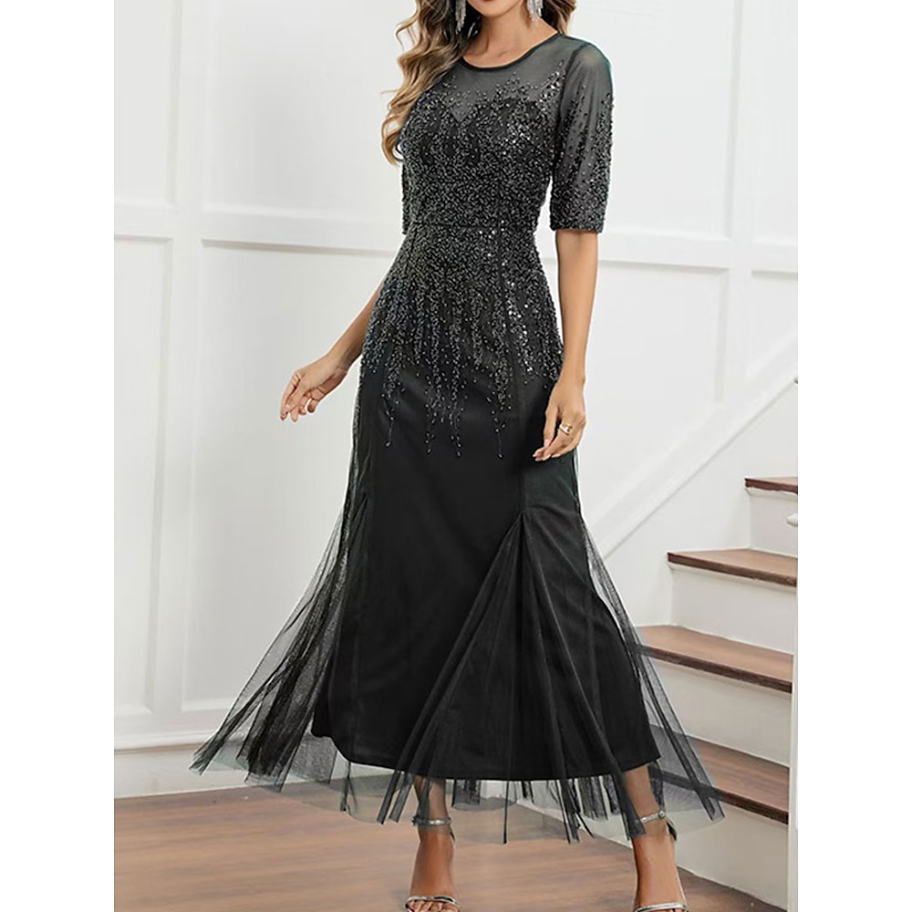 Kleid Brautmutterkleid Elegant Party Schwarzes Kleid Schmuck Boden-Länge Polyester Halbe Ärmel mit Paillette 2025 Lightinthebox