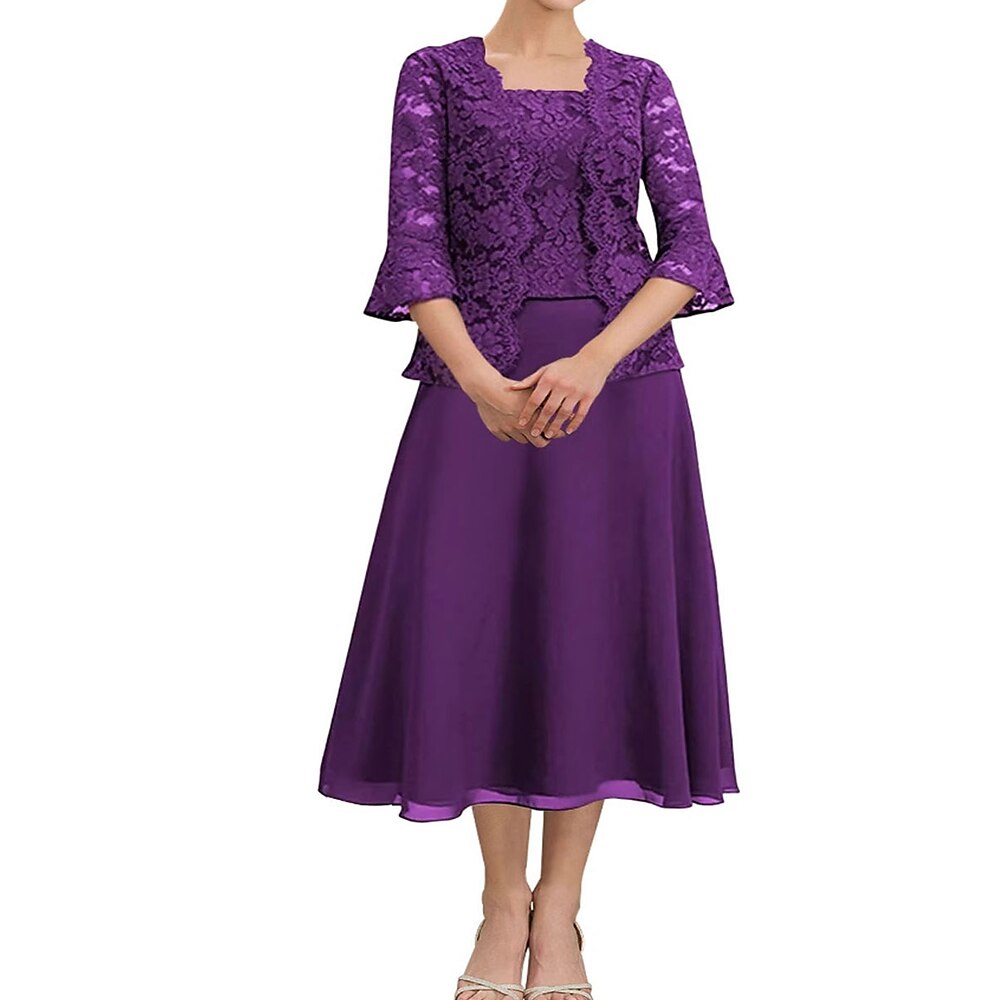 Kleid-Sets Brautmutterkleid Elegant Einfach Rundausschnitt Tee-Länge Chiffon Polyester Spitze Langarm mit Spitze Einfarbig 2025 Lightinthebox