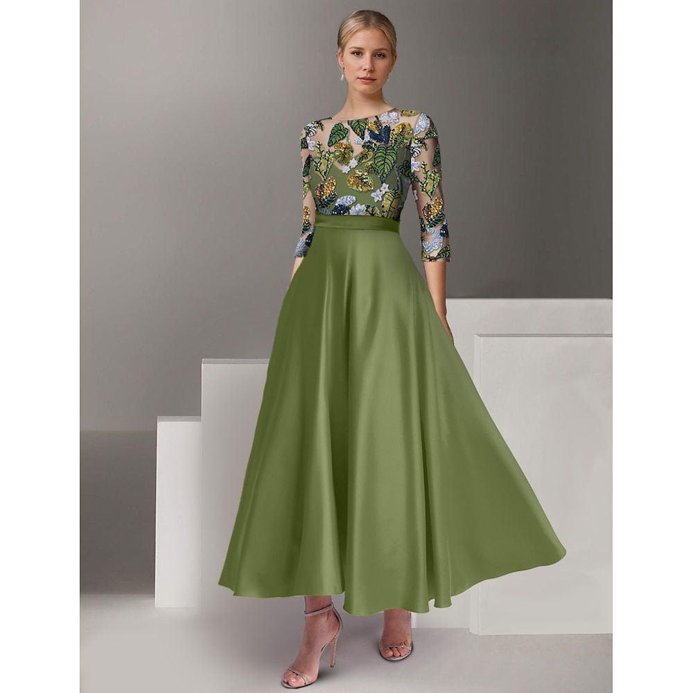 grün gelb a-linie cocktail floral elegante kleid formale hochzeit knöchel länge halb ärmel illusion neck satin mit rüschen schlitz stickerei 2025 Lightinthebox