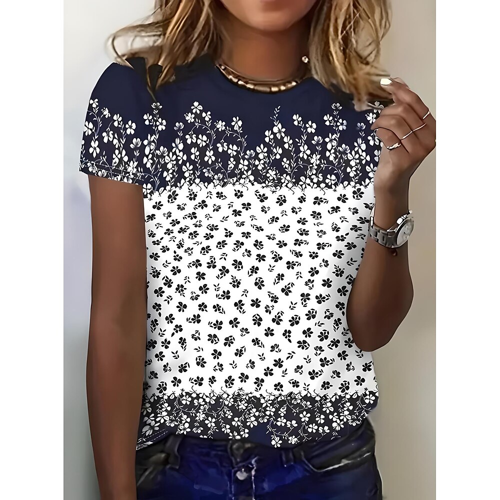 Damen T Shirt Blumen Grafik Stilvoll Lässig Kurzarm Rundhals Normale Oberteile Täglich Wochenende Druck Schwarz Blau Khaki Sommer Frühling Lightinthebox