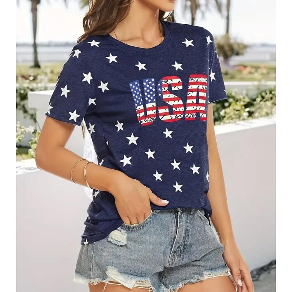 Amerikanischer Unabhängigkeitstag Damen T Shirt Grafik Flagge Amerikanische Flagge Lässig Kurzarm Rundhals Normale Oberteile Täglich Druck Blau Sommer Lightinthebox