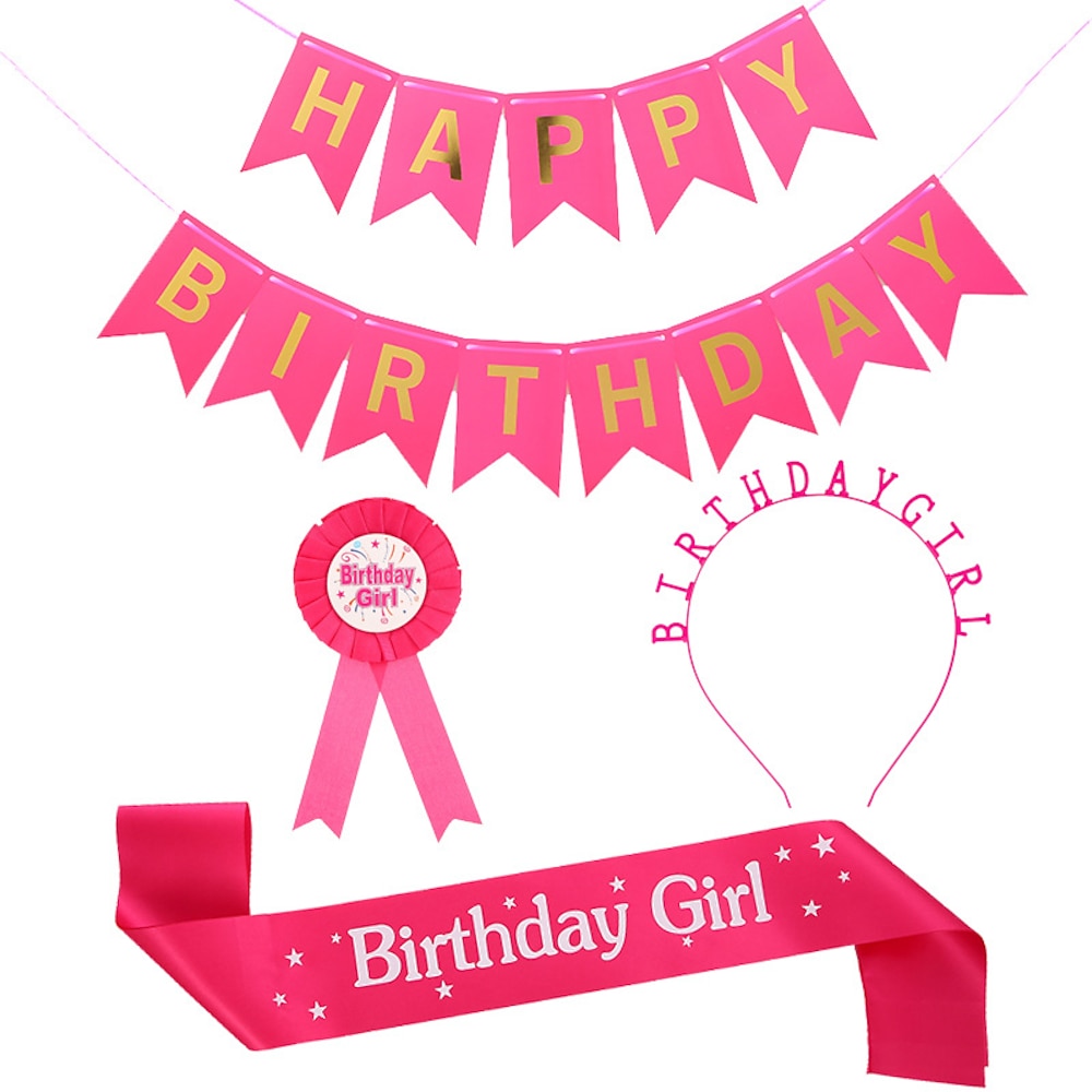 Geburtstagsparty kleines Mädchen Geburtstag rosa Dekoration 4-teiliges Set - Banner, Stirnband, Abzeichen Schärpe Lightinthebox