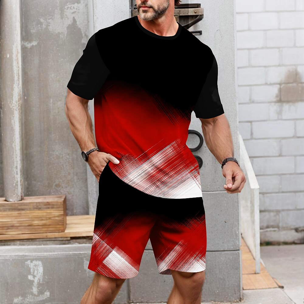 Herren Geometrisch Linie 2St T-Shirts-Sets Sommeroberteile Kurzarm Kurze Hosen Rundhalsausschnitt Sport Lässig Outdoor Urlaub Sport 3D-Druck Rubinrot Weiß Rot Lightinthebox