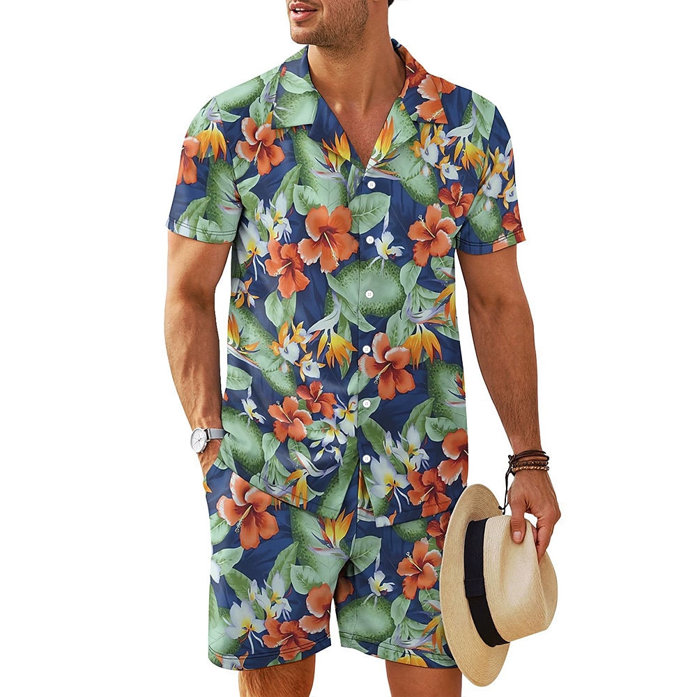 Herren Blumen 2St Sommertops Kurzarm Kurze Hosen Hemden-Sets Umlegekragen Urlaub Heim Casual Täglich 3D-Druck Rubinrot Hellgrün Grün Lightinthebox