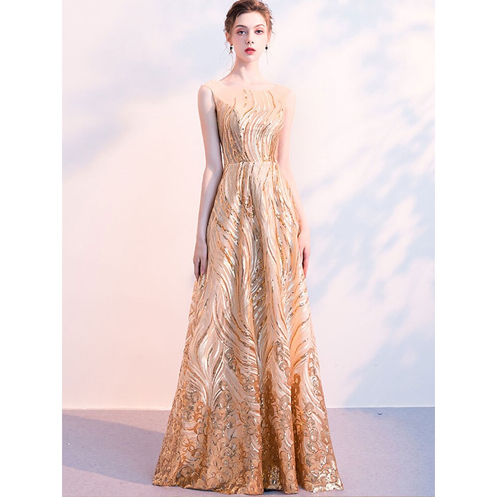 Ballkleid A-Linie Quinceanera-Kleider Elegant Kleid Hochzeit Hochzeitsgast Bodenlang Ärmellos Rundhalsausschnitt Polyester mit Falten Paillette 2025 Lightinthebox