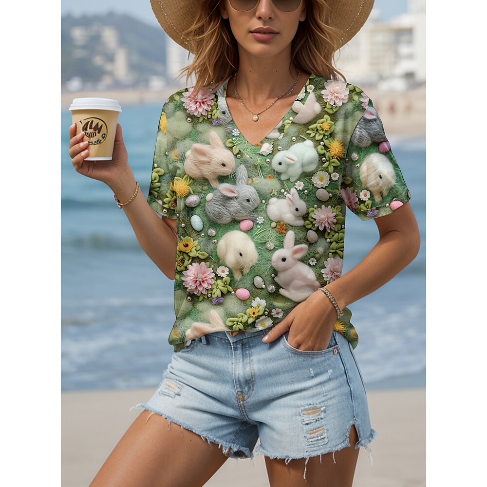 Ostern Damen Bluse Blumen Grafik Tiermotiv Lässig Kurzarm V Ausschnitt Normale Oberteile Täglich Druck Grün Sommer Frühling Lightinthebox