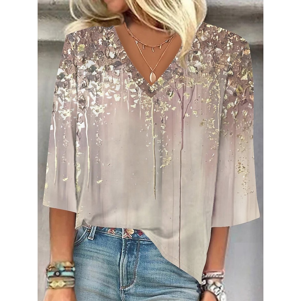 Damen Bluse Ombre Blumen Grafik Stilvoll Strand Kurzarm V Ausschnitt Normale Oberteile Täglich Druck Khaki Sommer Frühling Lightinthebox