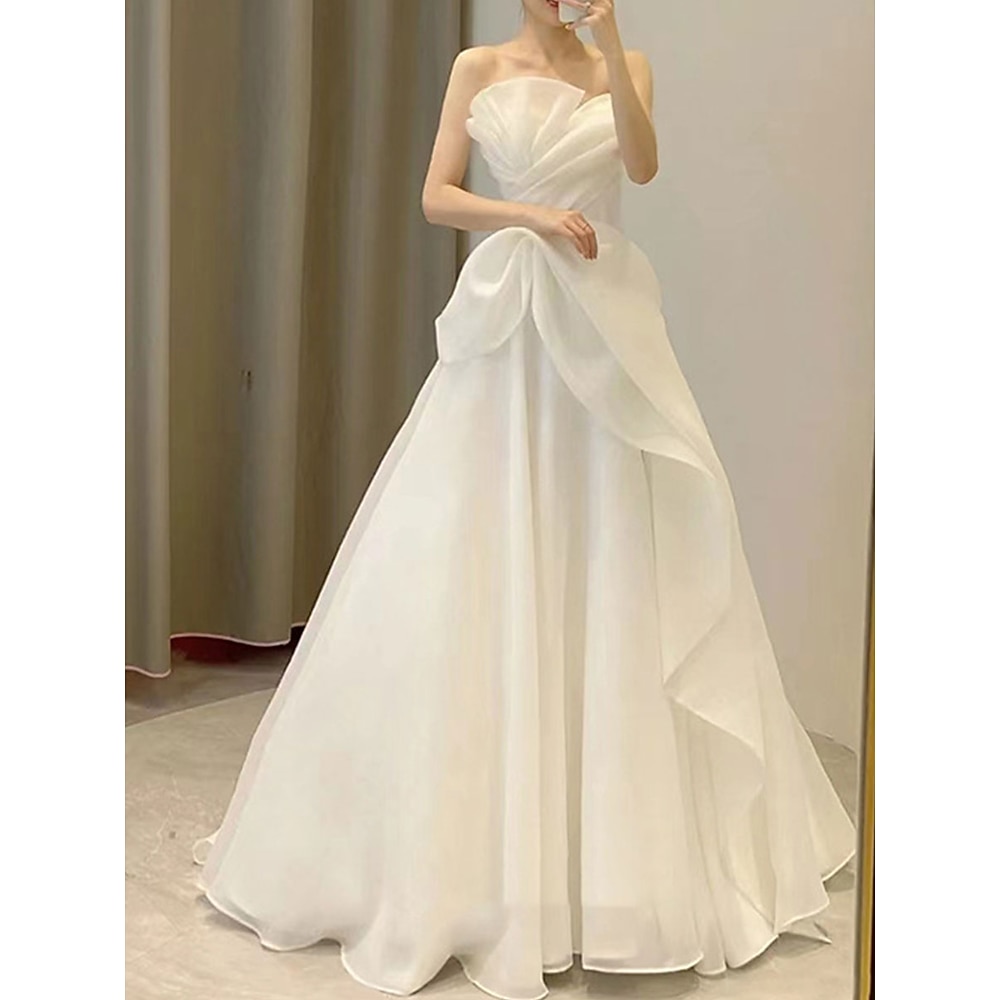 Hochzeitskleider Ballkleid Schulterfrei Ärmellos Bodenlang Tüll Brautkleider Mit Falten Einfarbig 2025 Lightinthebox