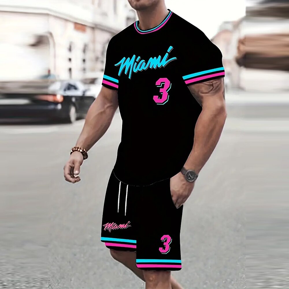Herren Sommer Text / Nummer 2St T-Shirts-Sets Sommeroberteile Kurzarm Kurze Hosen Rundhalsausschnitt Athleisure Sport Outdoor Sport Alltagstauglich Rundhalsausschnitt Schwarz Lightinthebox