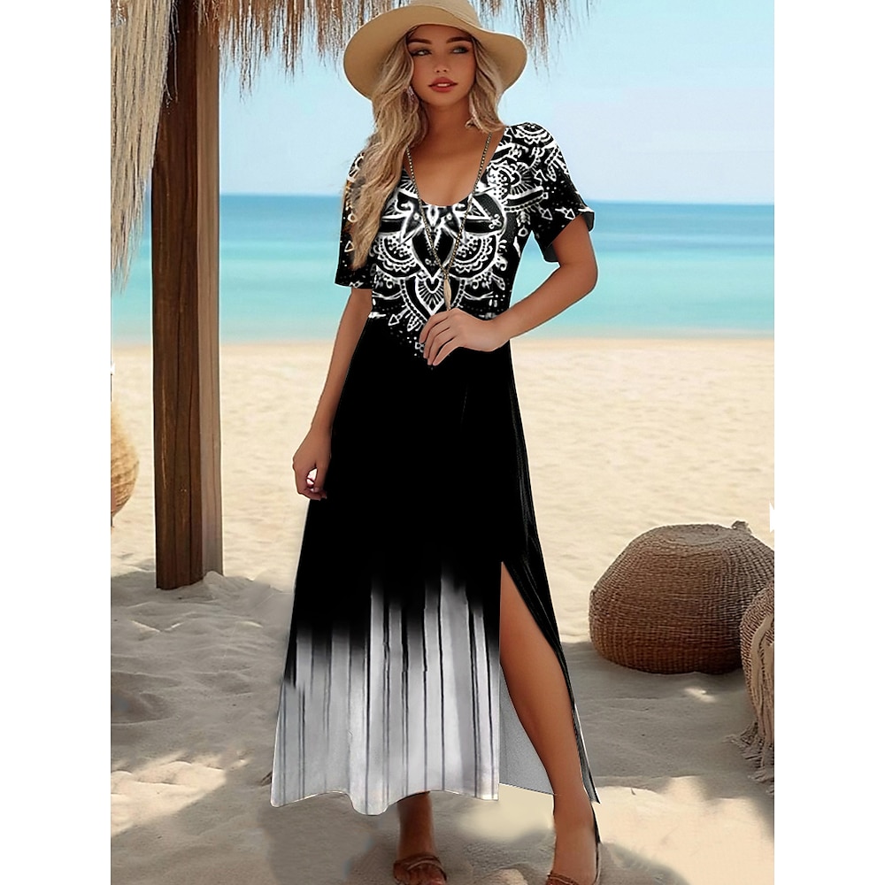 Damen Midikleid Sommerkleid A Linie Kleid Urlaub Lässig Boho Schmetterling Urlaub Ausgehen Normale Passform Blumen Grafik Stammes Kurzarm Rundhalsausschnitt Schwarz Sommer Lightinthebox