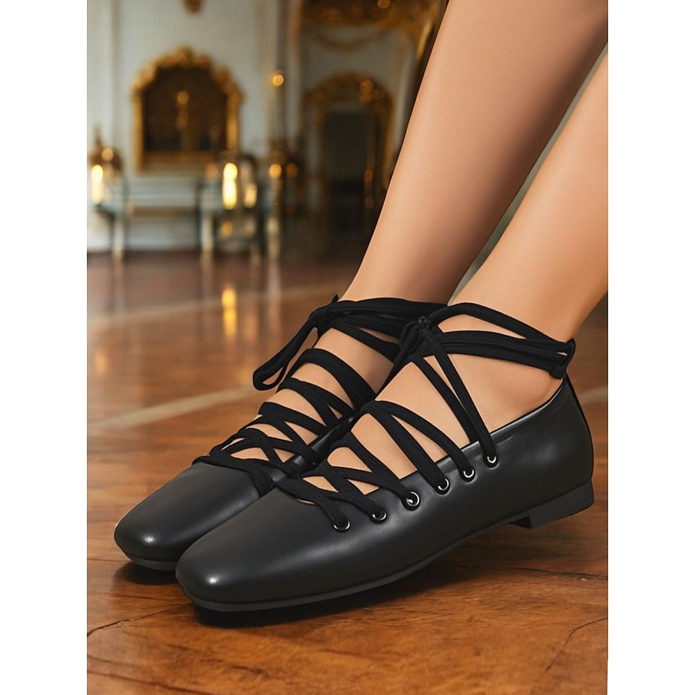 Schwarze Ballerinas zum Schnüren für Damen - elegante Riemchenschuhe im Vintage-Stil für die Freizeit, den eleganten Abend und den Abend Lightinthebox
