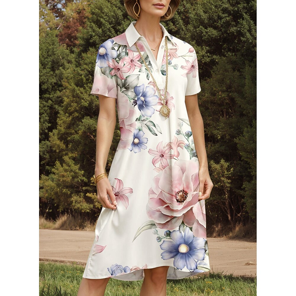 Damen Midikleid Hemdkleid A-Linien-Kleid Urlaub Casual Daily Date Loose Fit Blumen Grafik Kurzarm Hemdkragen Pink Lila Orange Sommer Lightinthebox