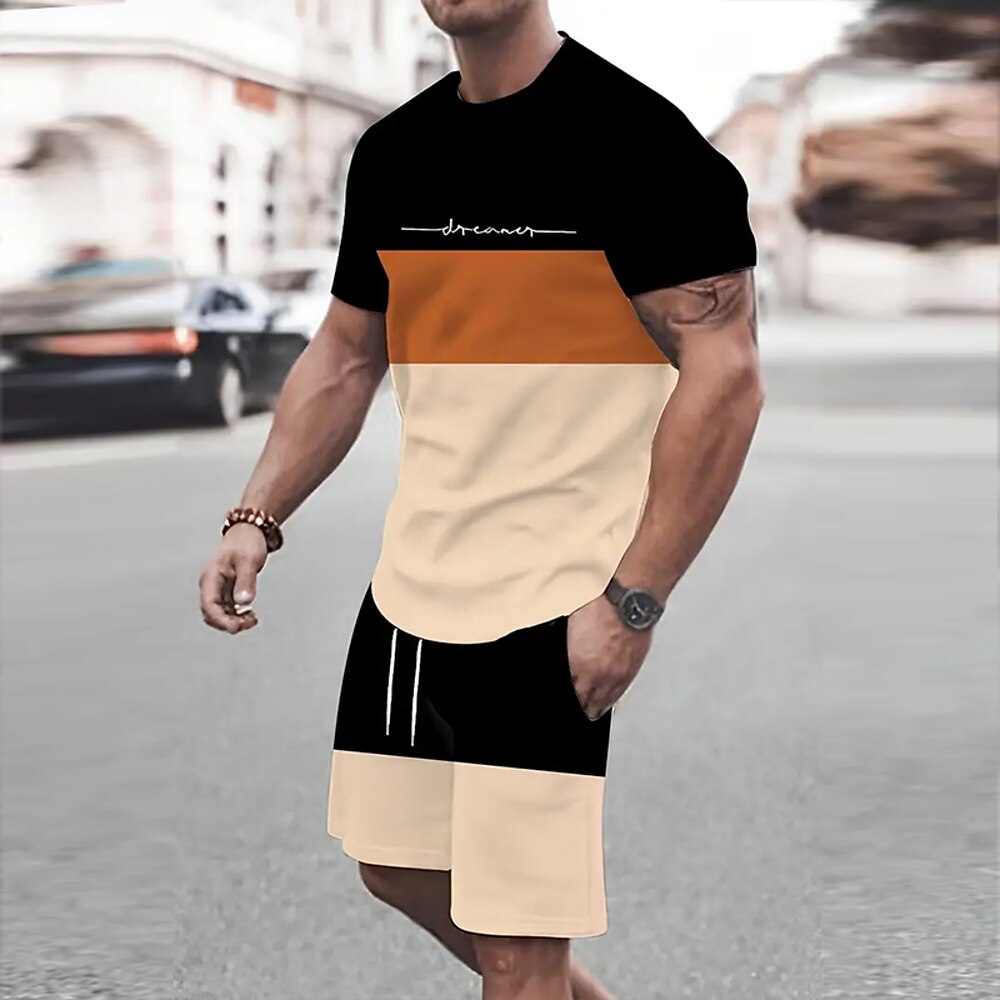 Herren Sommer Gestreift 2St T-Shirts-Sets Sommeroberteile Kurzarm Kurze Hosen Rundhalsausschnitt Sport Lässig Outdoor Urlaub Sport 3D-Druck Schwarz Lightinthebox