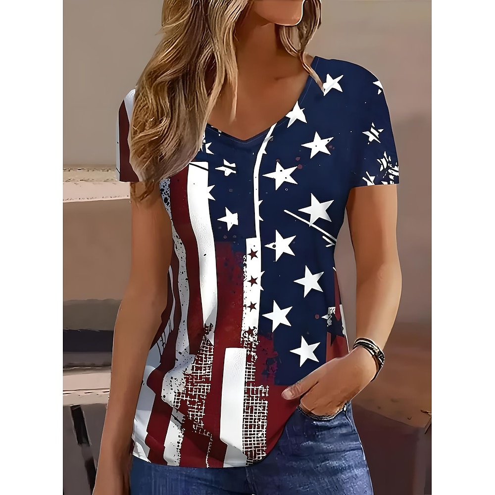 Amerikanischer Unabhängigkeitstag Damen T Shirt Flagge Amerikanische Flagge Nationalflagge Stilvoll Lässig Kurzarm V Ausschnitt Normale Oberteile Täglich Druck Blau Sommer Frühling Lightinthebox