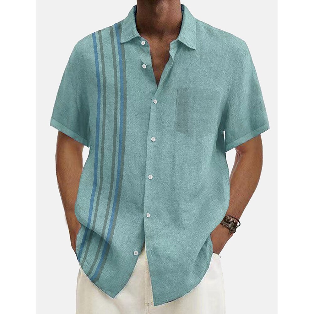 Herren Sommerhemd Freizeithemd Strandhemd Knopfhemd Blau Grün Kurzarm Muster Streifen Revers Urlaub Hawaiianisch Bekleidung Polyester Mode Lässig Bequem Lightinthebox
