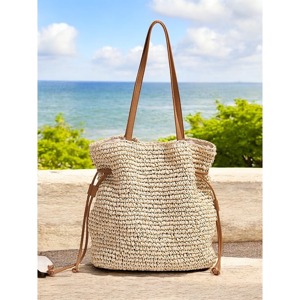 handgewebte Stroh-Beuteltasche - Boho-Schultertasche mit Kordelzug, leichte Sommer-Strandhandtasche für Damen, lässiges Urlaubs- und Reiseaccessoire, Farbe Beige Kaffee Lightinthebox