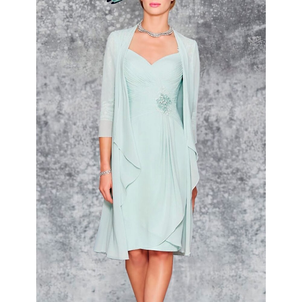TS Strandhochzeit, zweiteiliges Etuikleid für die Mutter der Braut, Hochzeitsgast, elegant, Übergröße, herzförmiger Ausschnitt, knielang, Chiffon, Spitze, 3/4-Ärmel, Wickelkleid inklusive, Jacke, Lightinthebox