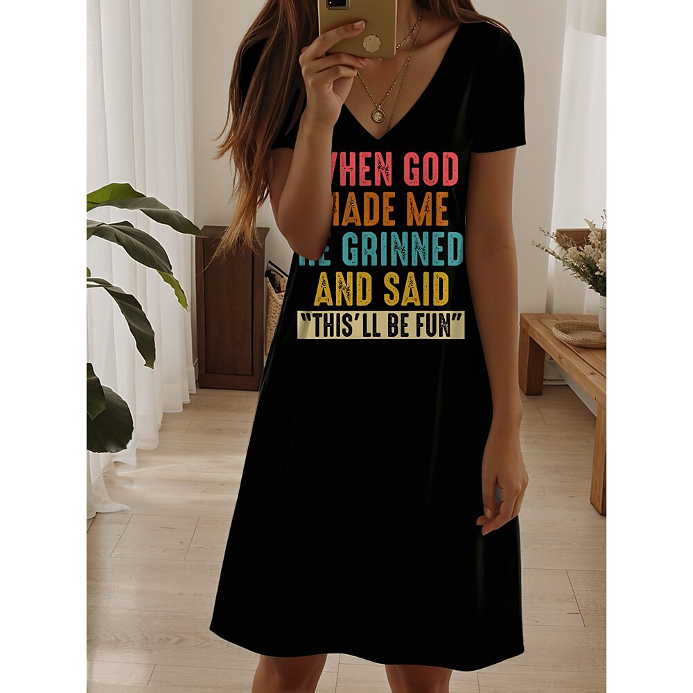 Damen God Minikleid T-Shirt Kleid Tee Kleid A-Linien Kleid Sommerkleid Casual Daily Date Regular Fit Grafik Buchstabe Kurzarm V-Ausschnitt Schwarz Weiß Blau Lila Sommer Lightinthebox