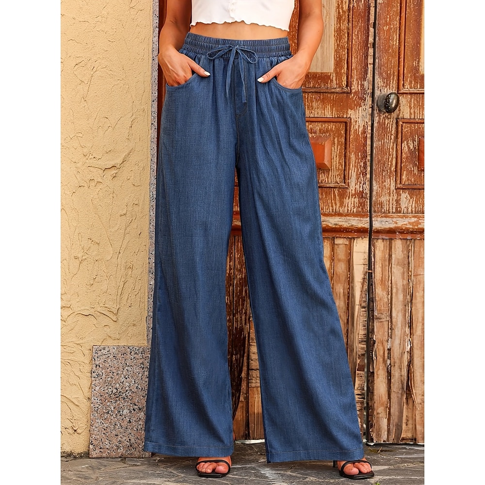 Damen Weites Bein Hosen Hose Streetwear Lässig Lang Hohe Taille Einfach Tasche Elastisches Kordelzugdesign Hoher Schnitt Atmungsaktivität Weich Mikroelastisch Urlaub Straße Alltagskleidung Blau Sommer Lightinthebox
