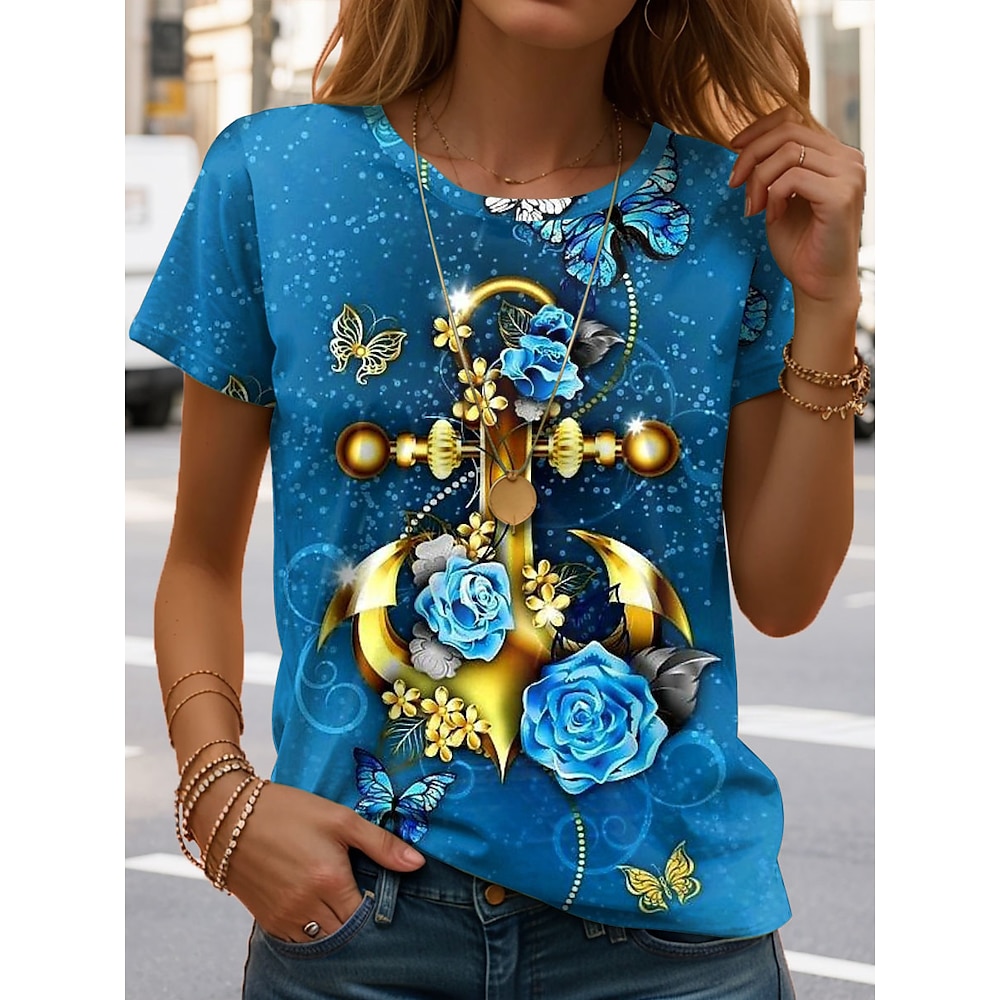 Damen T Shirt Blumen Graphic Brautkleider schlicht Kurzarm Rundhalsausschnitt Normale Oberteile Täglich Bedruckt Blau Sommer Lightinthebox